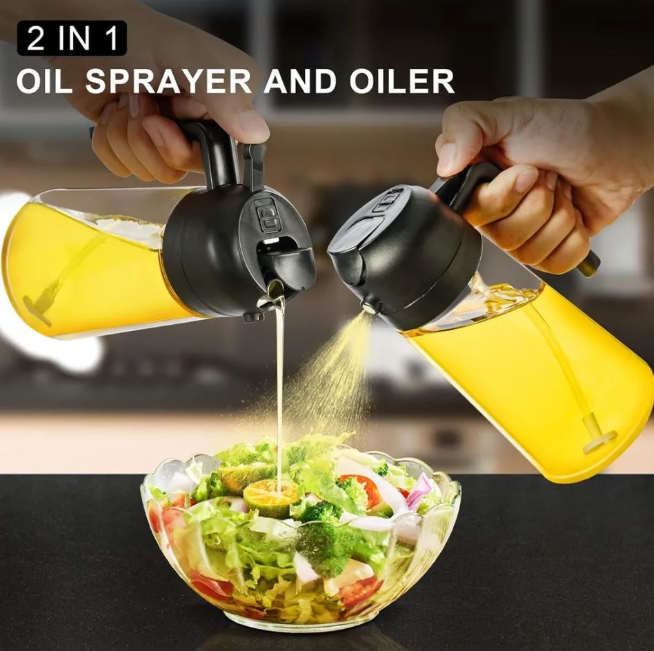 Ölsprüher für Die Küche, 500 ml Öl Sprühflasche, 2 in 1 Ölsprüher Kann Ölspray und Ausgießer zum Kochen
